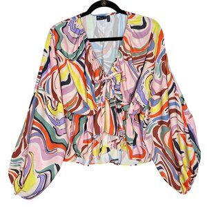 ASOS Design Kimono Balloon Sleeve Top Size 4 Abstract Colorful Print Boho Chic